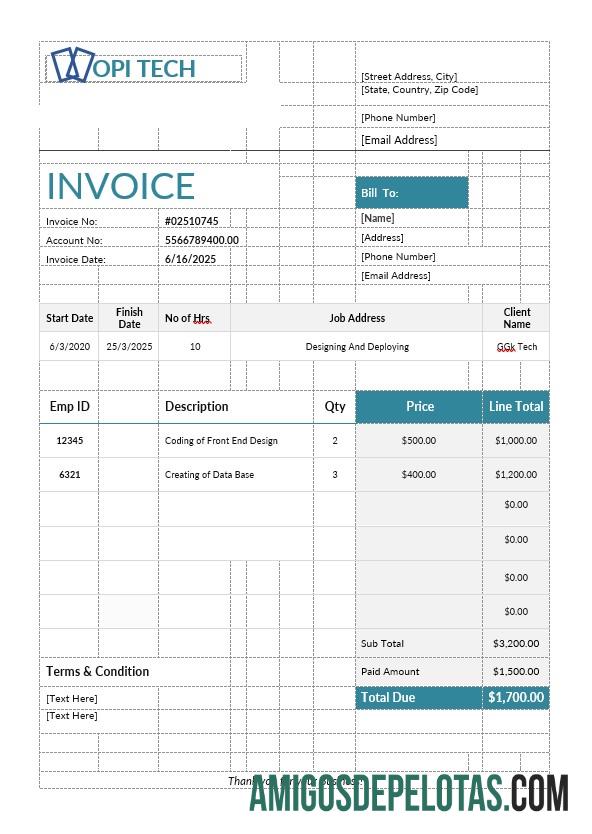 para download Modelo de fatura de trabalho
